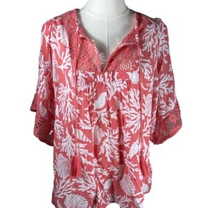 Counterparts Women Coral White Coastal Seahorse Crochet Lace Tassel Blouse L